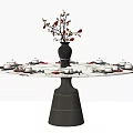 Round Dining Table with Marble Patterned Surface Black Vase Red White Flowers and Tea Sets 3d model