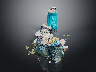 Overfilled Public Facility Trash Bin With Piled Plastic Bottles Vegetable Leaves And Scattered Waste 3d model