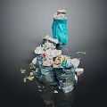 Overfilled Public Facility Trash Bin With Piled Plastic Bottles Vegetable Leaves And Scattered Waste