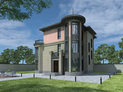 Elegant Detached Villa With Round Tower Large Glass Windows Balcony And Green Lawn 3d model