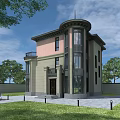 Elegant Detached Villa With Round Tower Large Glass Windows Balcony And Green Lawn