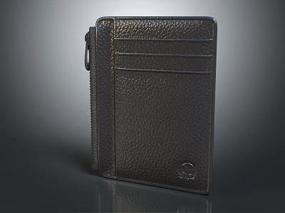 Black Leather Wallet With Zipper Textured Surface Card Slots And Small Logo Design 3d model