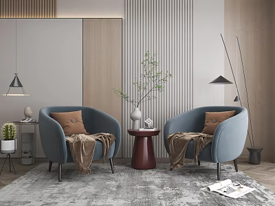 Grey Fabric Leisure Sofa Set With Brown Cushions Throw Blankets And Round Side Table 3d model