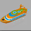 Orange Cosmic Spaceship With Green Cockpit Blue Stripes And Jet Flames