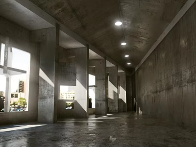 Modern Office Hallway With Concrete Walls Ceiling Lights And Natural Light Through Windows 3d model