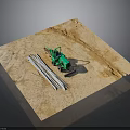 Green Construction Vehicle On Dirt Ground With Steel Bars At Work Site