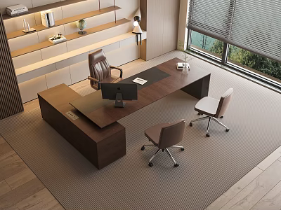 Modern Office Desk With Wooden Surface Ergonomic Chairs Bookshelf Table Lamp And Window View 3d model