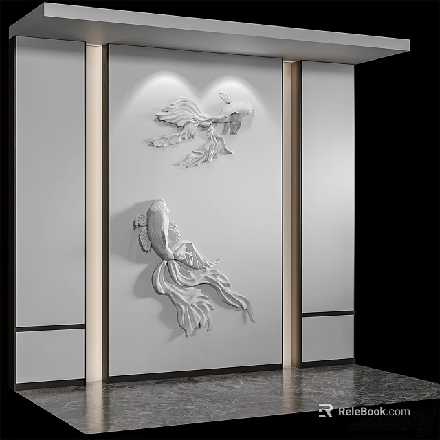 Exquisite White Fish Relief Sculpture On Wall For Modern Interior Decoration 3d model 