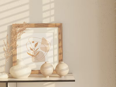 Minimalist Natural Decorative Ornament Set With Wooden Frame Abstract Art Ceramic Vases And Dried Pampas 3d model