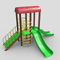Outdoor Playground Equipment With Red Roof Yellow Ladder Green Slides And Brown Pillars