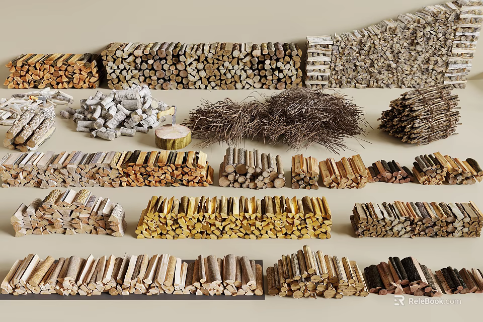 Stacked Natural Wood And Stone Piles With Various Types And Different Sizes Collection 3d model 