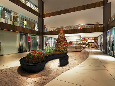 Spacious Multi Level Shopping Mall Interior With Decorative Plants Christmas Tree Shops And Pedestrians 3d model