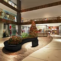 Spacious Multi Level Shopping Mall Interior With Decorative Plants Christmas Tree Shops And Pedestrians