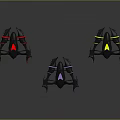 Three Different Colored Fighter Jet Models Displayed On Grey Background