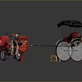 Classic Red Rickshaw Bicycle With Black Canopy Red Seat And Wooden Stool