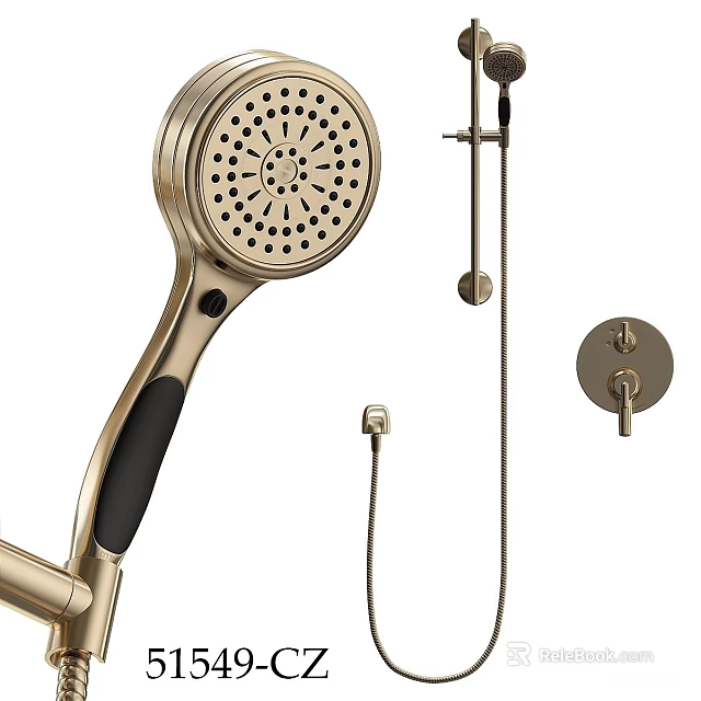 Golden Handheld Shower Head With Black Grip Mounting Arm And Flexible Hose 3d model 