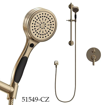 Golden Handheld Shower Head With Black Grip Mounting Arm And Flexible Hose 3d model