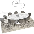 Round Marble Dining Table Set With Six Gray Chairs Modern Hanging Light And Patterned Rug 3d model