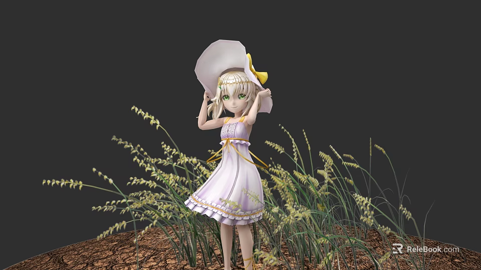 Young Woman In Light Purple Dress With Large White Hat Standing Among Yellow Grass Plants 3d model 