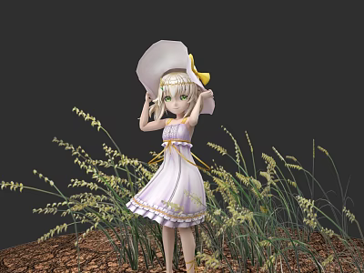 Young Woman In Light Purple Dress With Large White Hat Standing Among Yellow Grass Plants 3d model