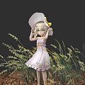 Young Woman In Light Purple Dress With Large White Hat Standing Among Yellow Grass Plants