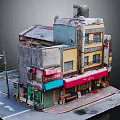 Cartoon Urban Street Scene With Old Multi Story Building And Colorful Awnings