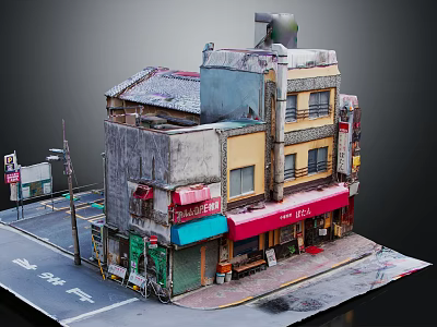 Cartoon Urban Street Scene With Old Multi Story Building And Colorful Awnings 3d model