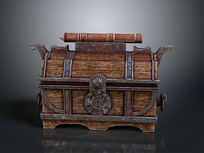 Vintage Wooden Storage Chest with Metal Decorations Lock Clasp and Book on Top 3d model