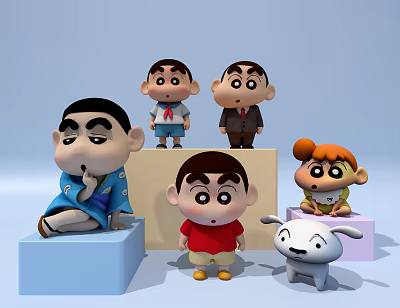 Cute Cartoon Character Decorative Figurine Set Featuring Crayon Shin-chan Characters On Colorful Square Bases 3d model