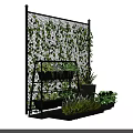 Garden Decor With Mesh Fence Covered In Green Vines And Multi Tiered Plant Racks