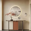 Chinese Entryway With Round Calligraphy Painting Hanging Lantern Red Leaf Bonsai And Wooden Console Table