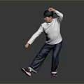 Man In White Long Sleeve Shirt And Blue Jeans Doing Punching Gesture On Gray Background