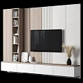 Modern TV Stand With White Wooden Drawers Cabinets Decorative Vase Photo Frame And Bookshelf Nearby