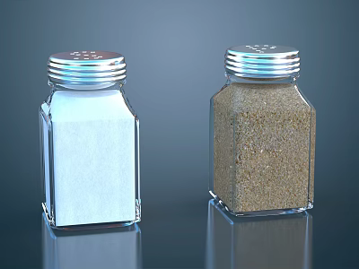 Transparent Glass Salt And Pepper Shakers With Silver Lids And Reflections On Dark Background 3d model