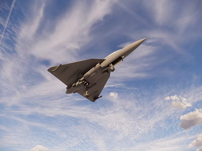 Dynamic Fighter Jet Soaring High In Clear Blue Sky With Cloudy Background 3d model