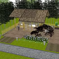 Traditional Thatched House With Bamboo Structure Glass Windows Stone Path And Hydrangea Garden