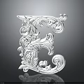 White Decorative Letter E With Intricate Plant Inspired Patterns On Reflective Background 3d model