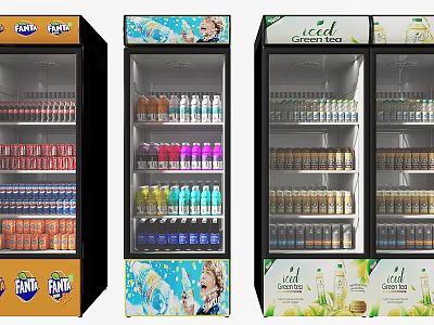 Commercial Glass Door Freezers With Various Bottled Drinks Fanta And Ice Green Tea 3d model