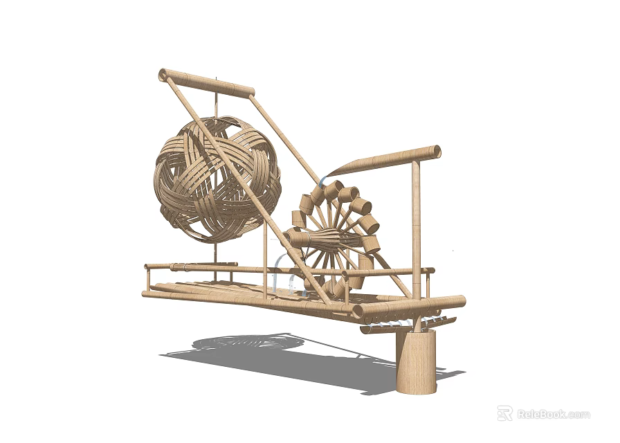 Garden Ornament With Wooden Structure Woven Ball And Water Wheel Decoration 3d model 