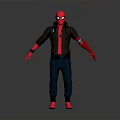 Spider Man Character With Red Mask Brown Jacket Blue Jeans And Red Gloves Shoes