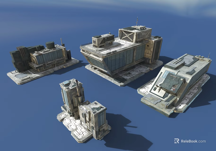 Detailed Futuristic Sci Fi Building Modules With Metallic Structures And Platform Designs 3d model 