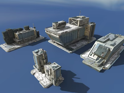 Detailed Futuristic Sci Fi Building Modules With Metallic Structures And Platform Designs 3d model