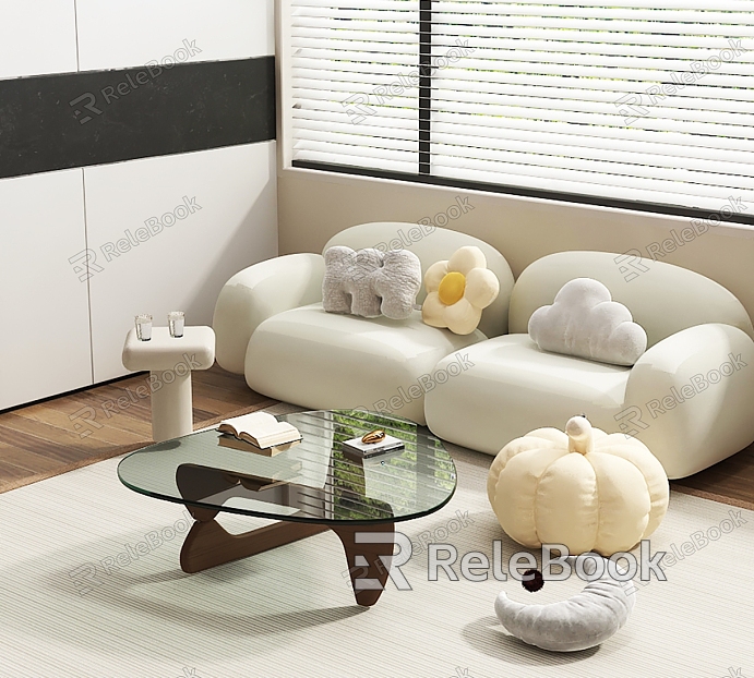 Sofa Coffee Table Combination Straight Sofa Double Sofa Pillow Glass Coffee Table model