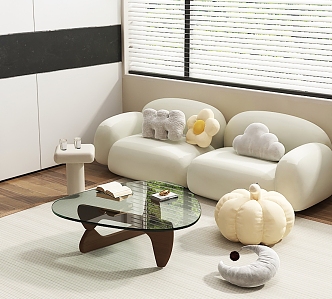 Sofa Coffee Table Combination Straight Sofa Double Sofa Pillow Glass Coffee Table 3d model