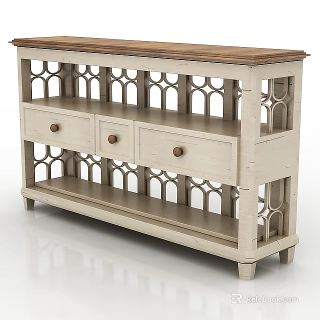 Elegant Entryway Console Table Design With White Frame Wooden Top And Lattice Drawers 3d model 
