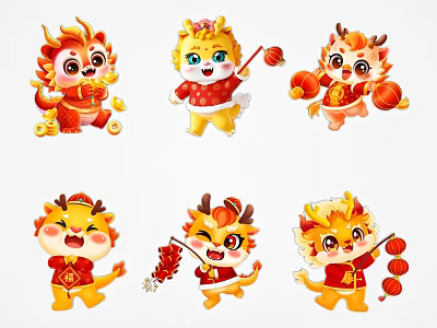 Chinese New Year Wall Decor With Cute Cartoon Dragon Tiger Lion 3d model