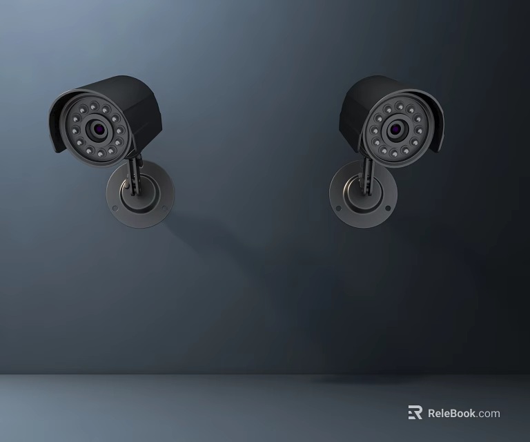 Two Black Wall Mounted Security Cameras with Projection Surveillance Monitoring Features 3d model 