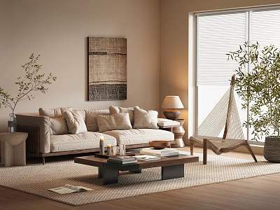 Beige Living Room Interior With Woven Wall Art Light Sofa Hammock Chair And Green Plant 3d model
