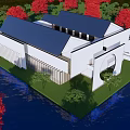 Modern White Building With Dark Blue Roof Round Window Grass Water Reflection Red Maple Leaves Trees 3d model