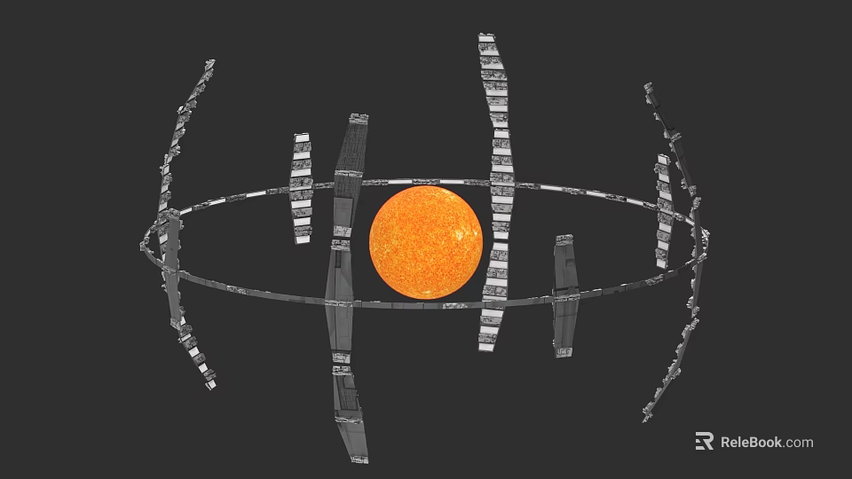 Space Station Ring Structure Orbiting Sun With Solar Panels And Modules 3d model 